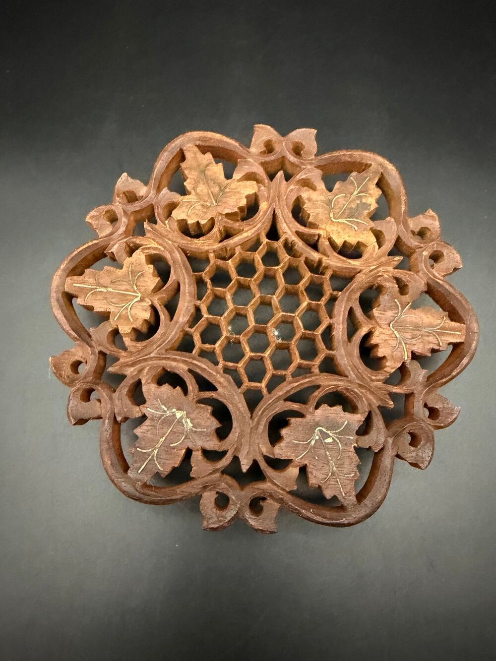 Vintage Brass Inlay Leaf Honeycomb Carved Wood Footed Trivet